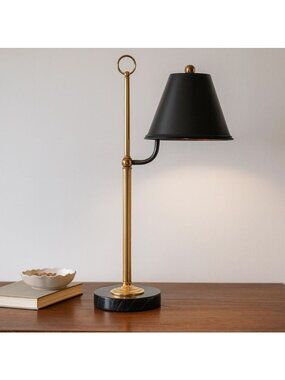 Vintage Brass Desk Lamp with Black Metal Shade and Heavy Round Marble Base
